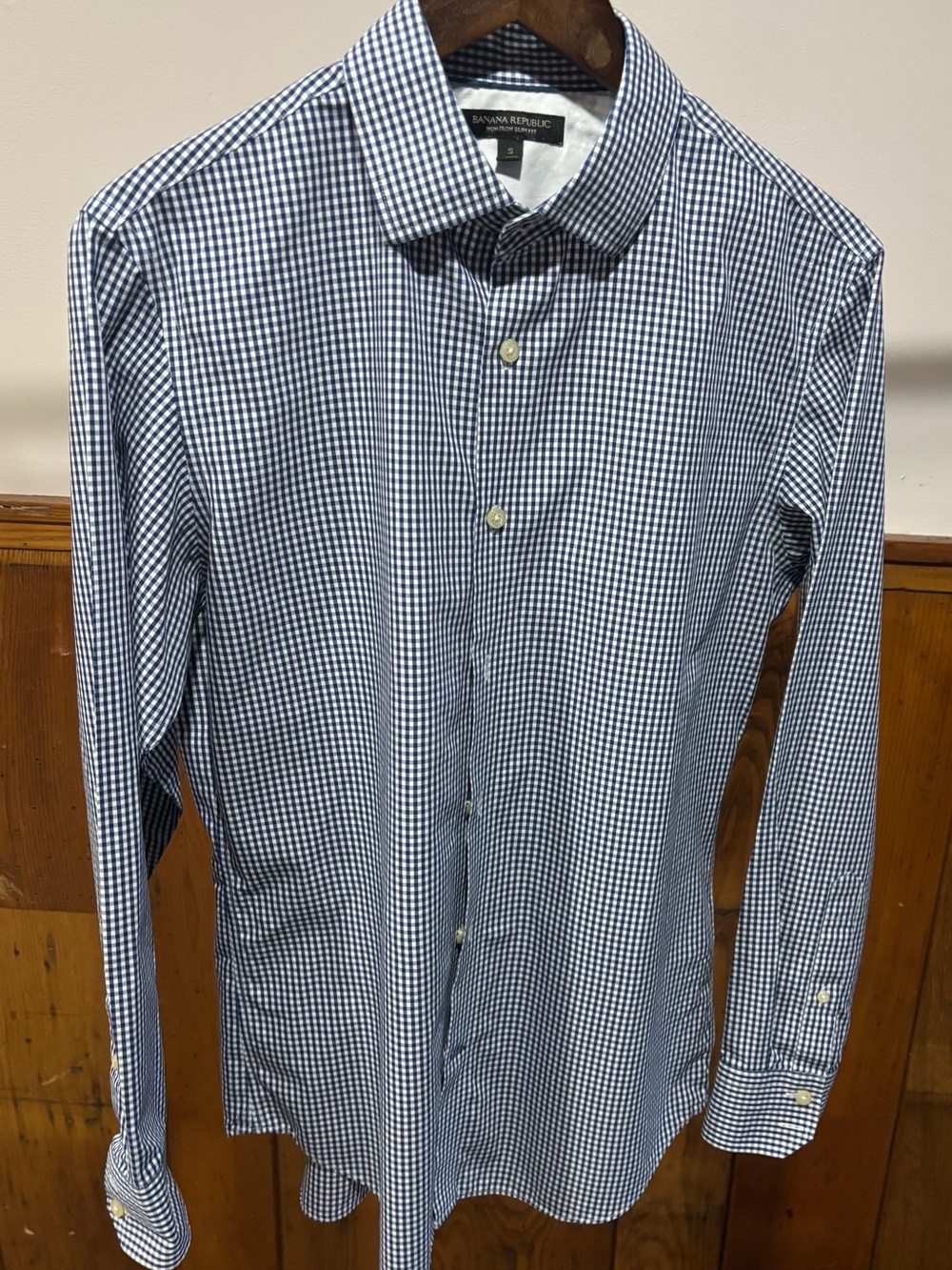 Banana Republic Men's Navy and White Gingham Dress Shirt